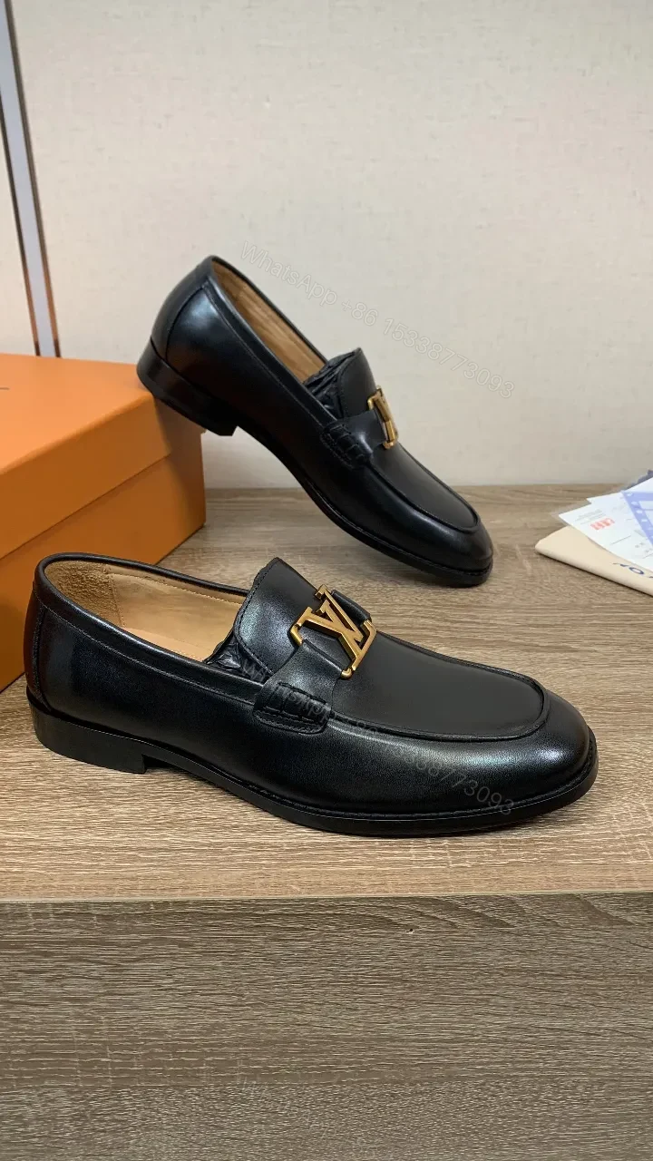 View 7 of Chic Black Leather Penny Loafers with Gold Hardware