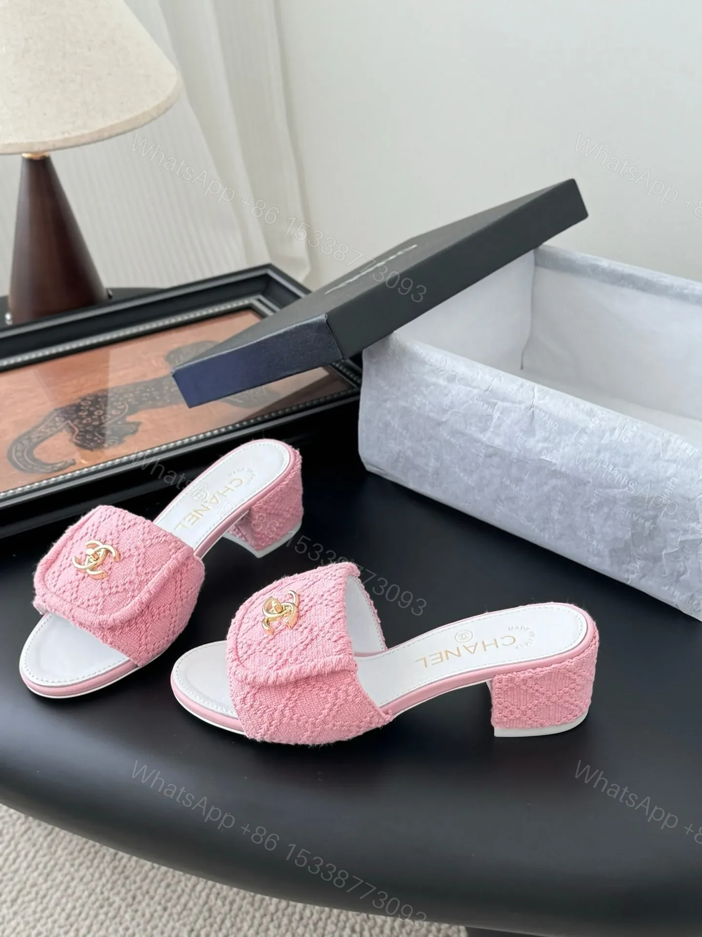 View 2 of Chanel Women Pink Tweed Slides