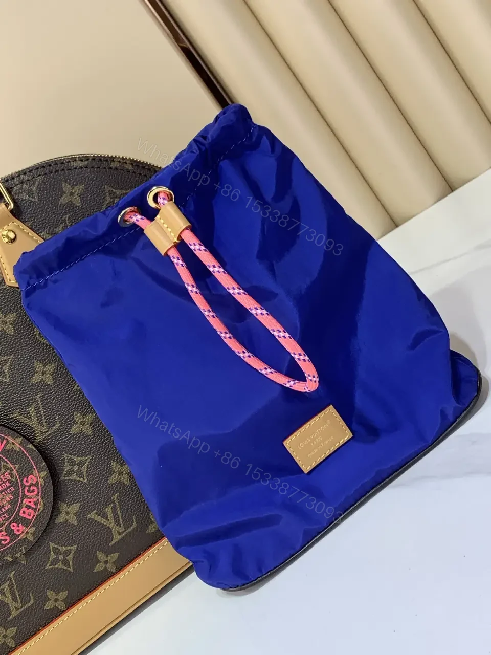 View 6 of Brown Canvas Tote with Tan Leather Trim, LV Monogram Style Handbag