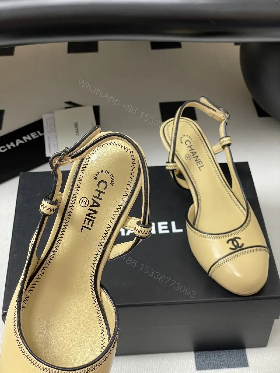 View 5 of Neutral Slingback Heels in Leather with Zigzag Stitching