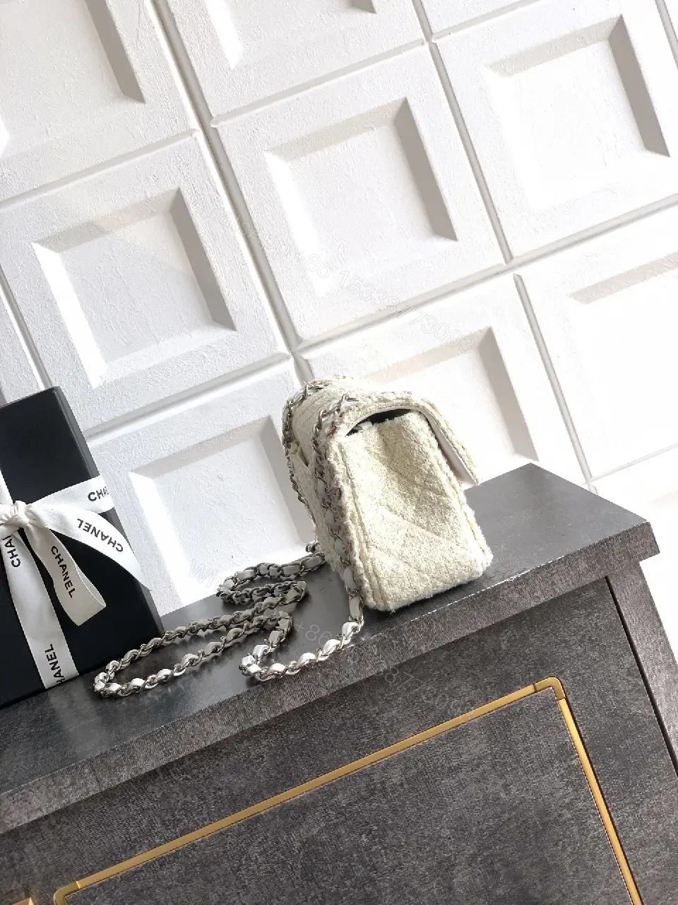 View 4 of Quilted Mini Bag: Ivory-Texture Couture, Floral Edge, Chain