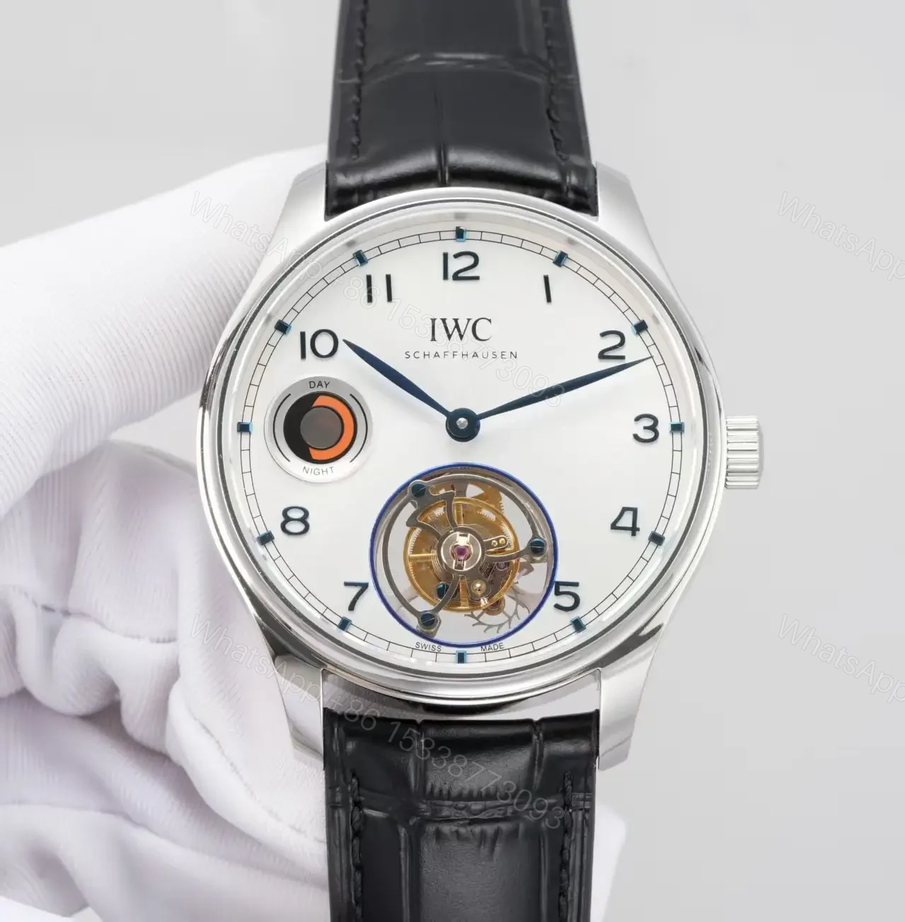 IWC White Tourbillon Watch Silver Case Black Leather Strap Ultimate 42MM IWC-TOUR-WHT-SV42 — view 1