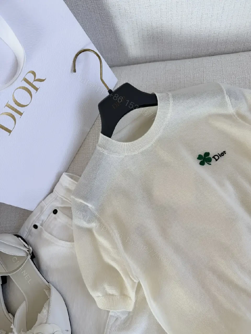 View 8 of Cream Knit Tee Emerald Clover Logo Luxury Comfort Top