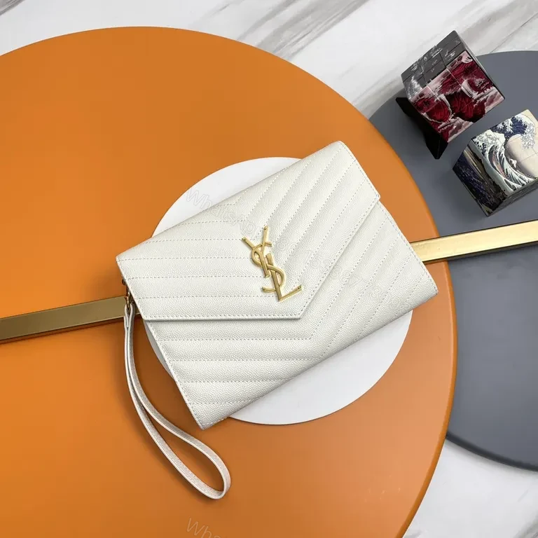 Elegant Quilted Envelope Clutch with Gold-YSL Emblem, Ivory, Day-to-Night Essential — view 1