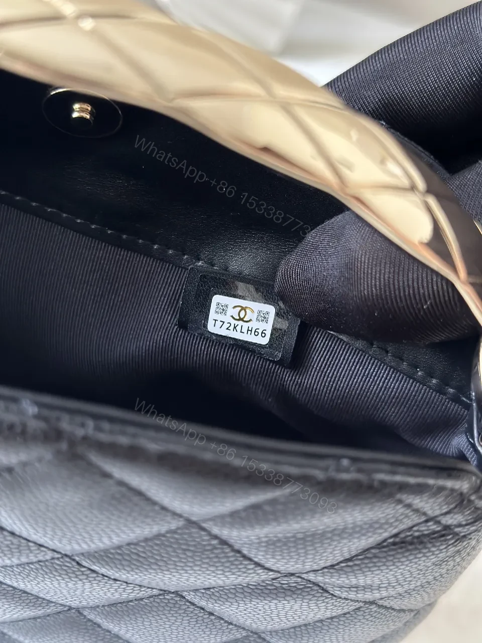 View 3 of Quilted Black Leather Bag with Gold Chain