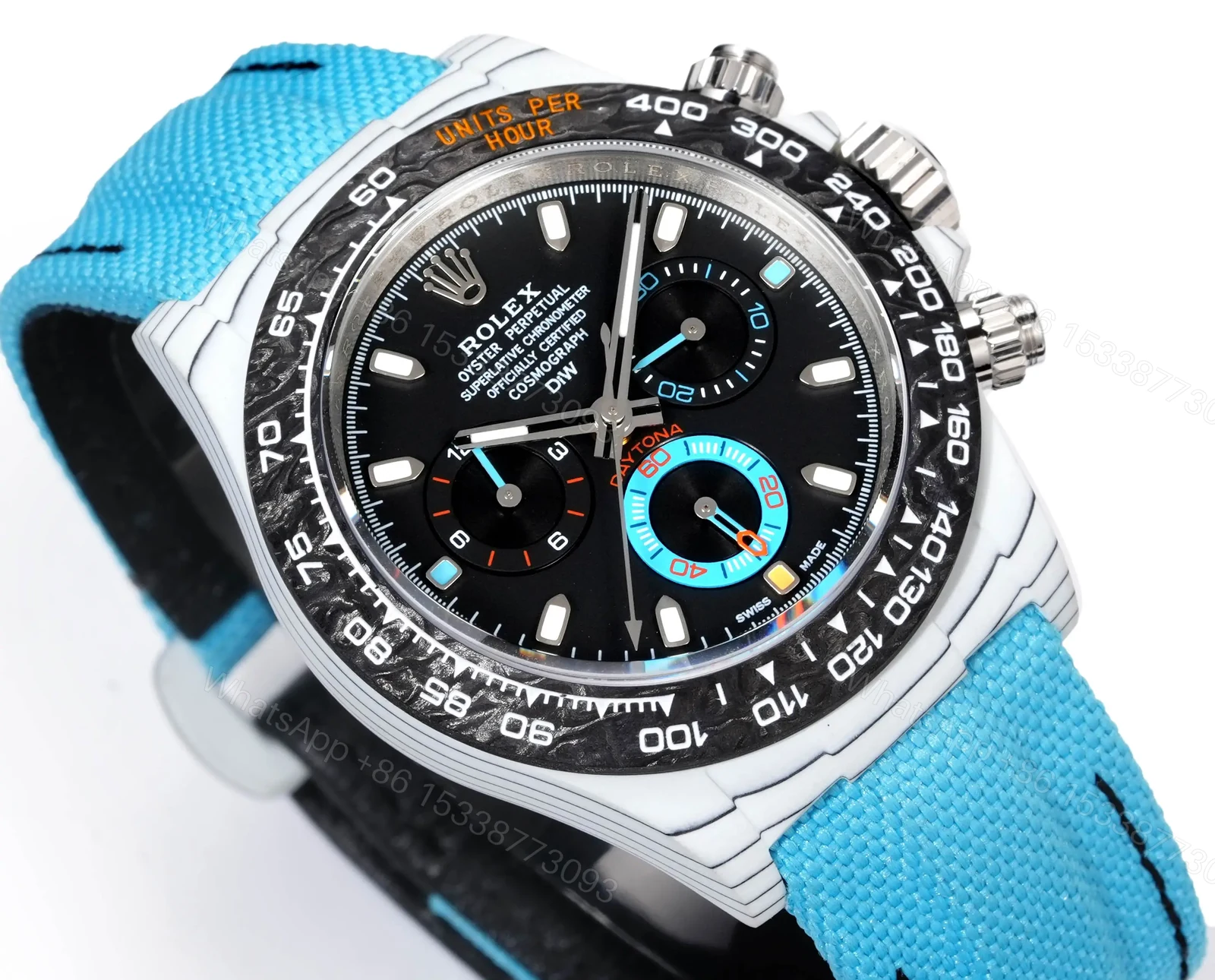 View 3 of Best Rolex Daytona White Turquoise Strap replica 40MM Black Dial Edition RG-DAYTONA-WHITE-TURQUOISE-STRAP-40