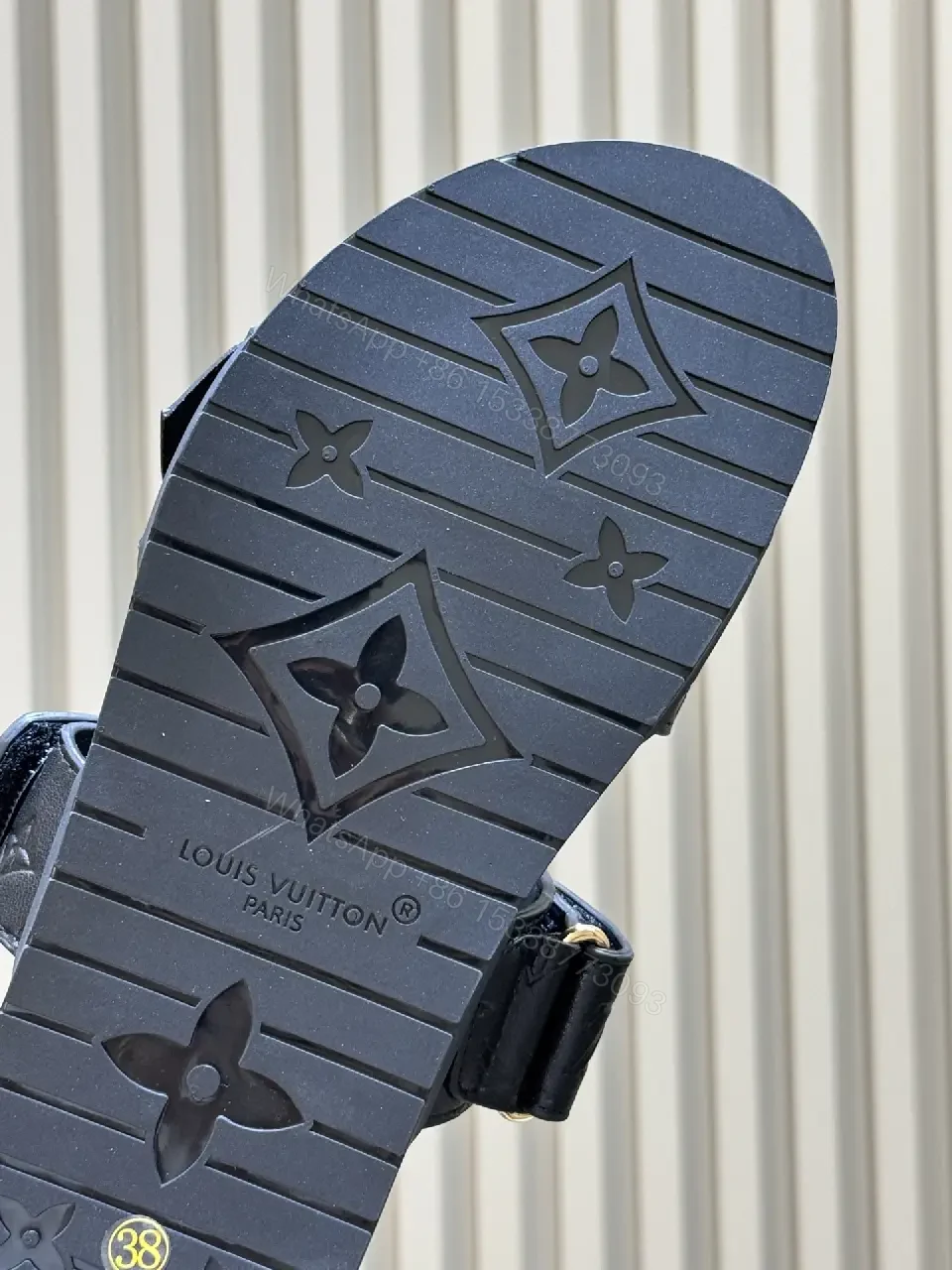 View 2 of Black Leather Slides Louis Vuitton Style Slide Sandals