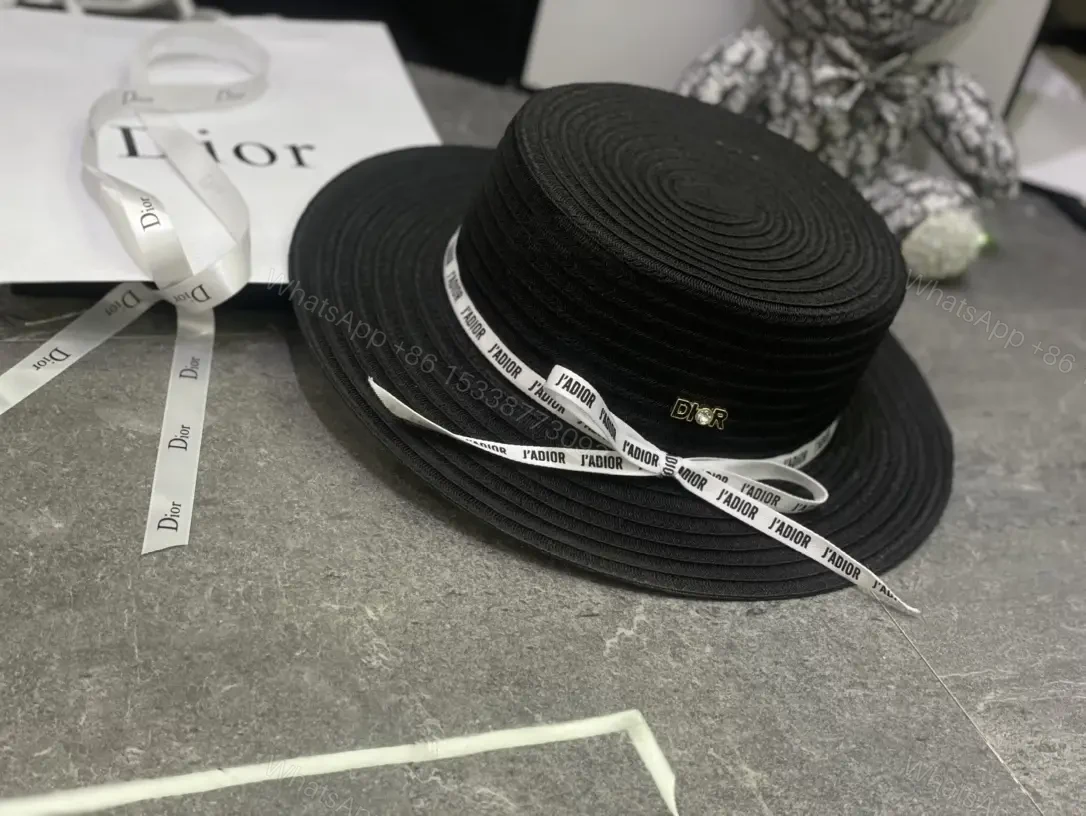 View 2 of Beige/Black Wide-Brim Straw Hat with L’ADIOR Ribbon, DIOR Emblem