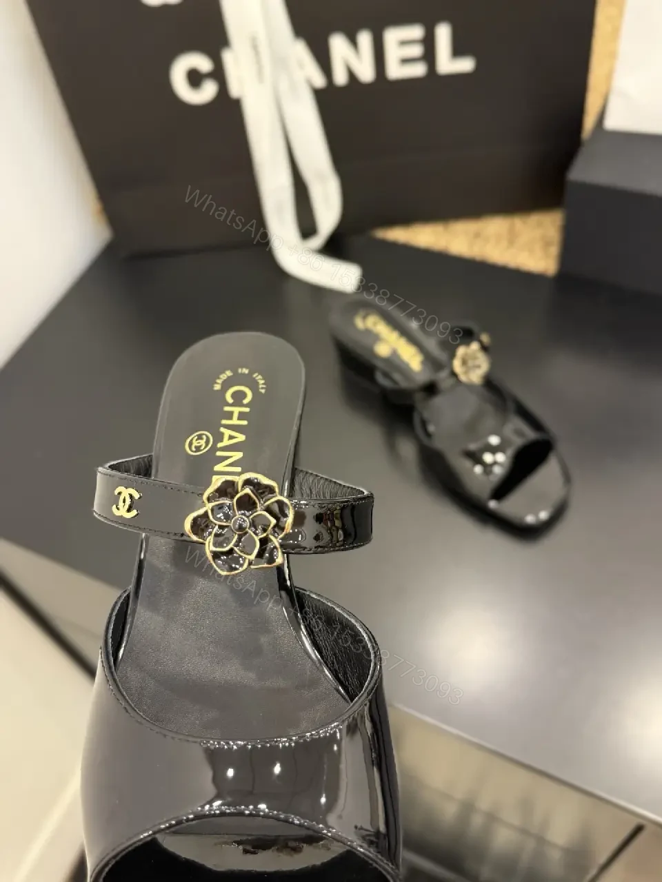 View 7 of Glossy Satin Mules with Crystal Rose Accent - Open-Toe, Low Heel
