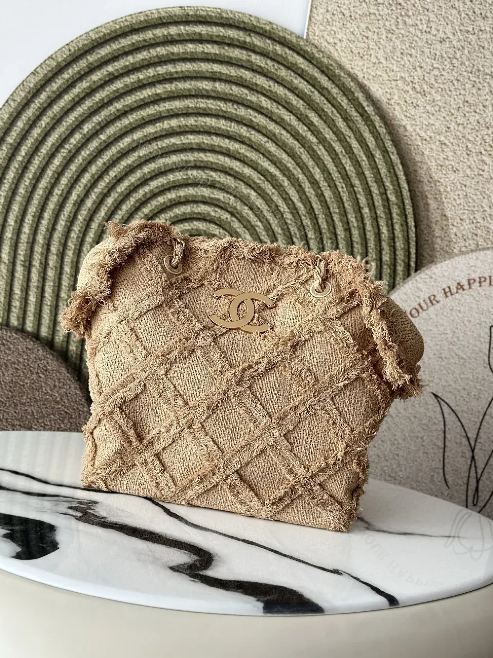 Textured Beige Quilted Linen Mini Bag: Distressed Edge Luxury — view 1