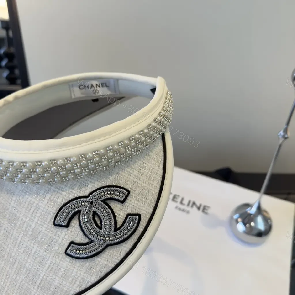 View 2 of Light Gray Linen Visor Cap with Rhinestone Collar and Chanel Logo