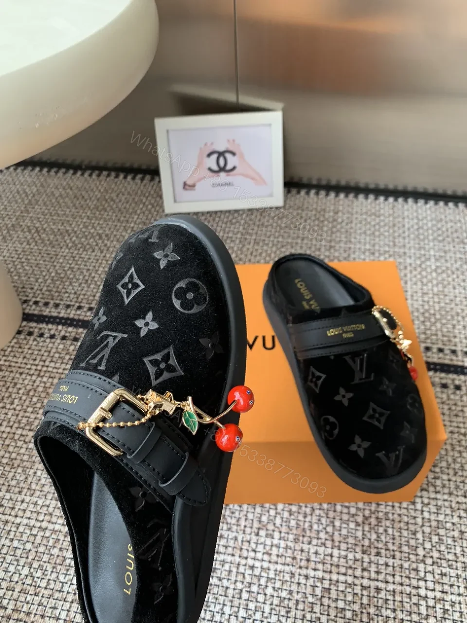 View 7 of Monochrome Velvet Slip-Ons with Gold Hardware