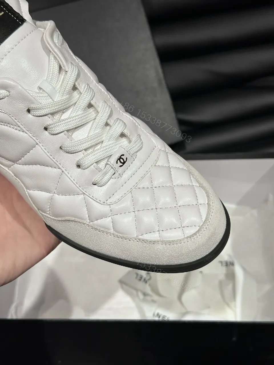 View 5 of White Quilted Low-Top Sneakers with Chanel-Inspired Detail