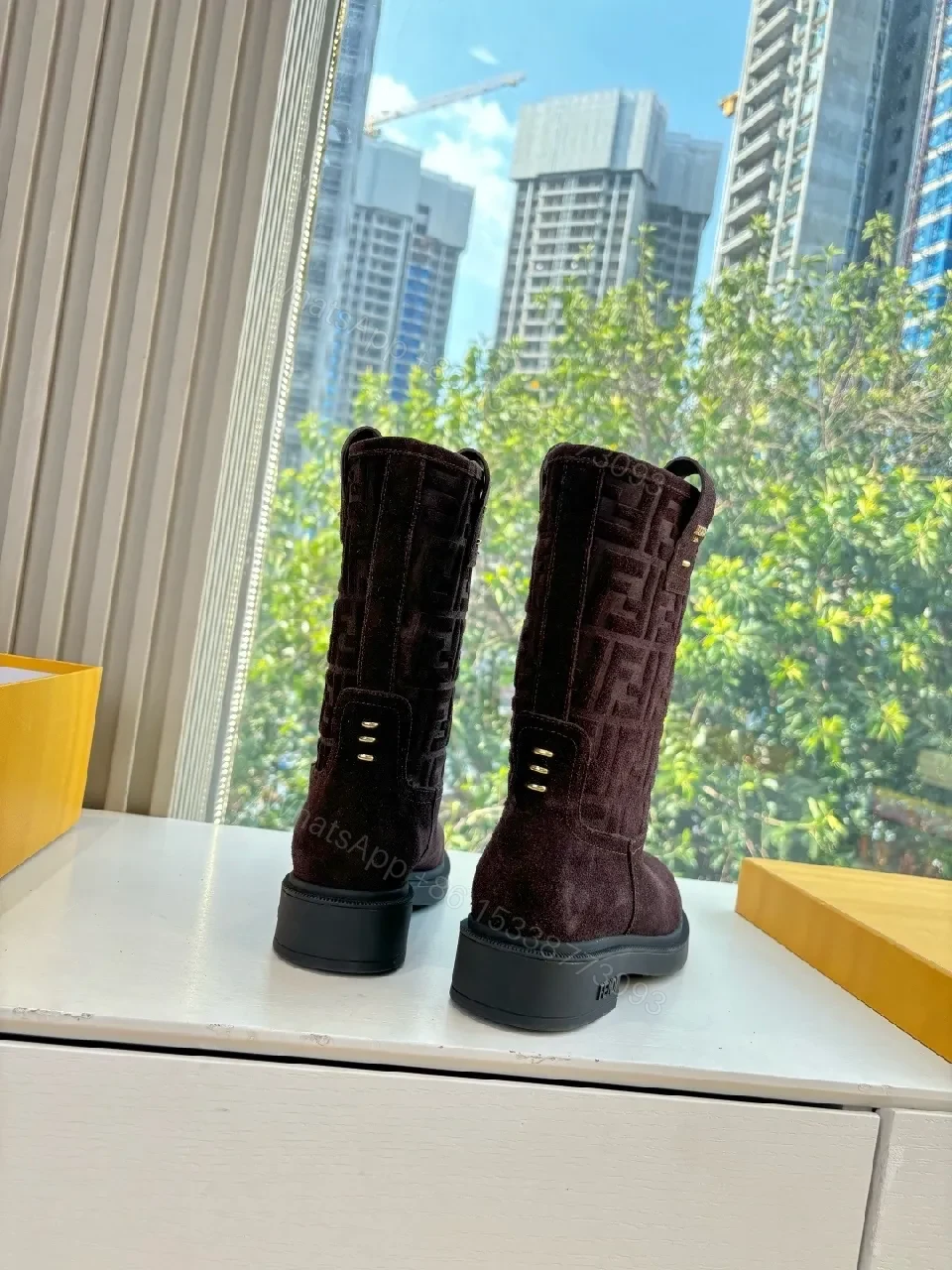 View 8 of Dark Velvet-Texture Boots with Monogram Detail: Suede, Mid-Calf, All-Season Luxe Shoes