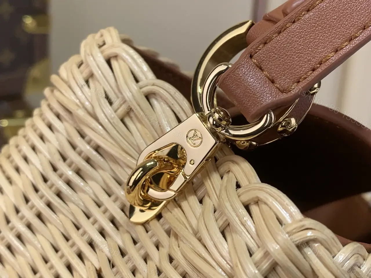 View 7 of Light Beige Straw Tote Bag with Leather Handles & Gold LV Charm