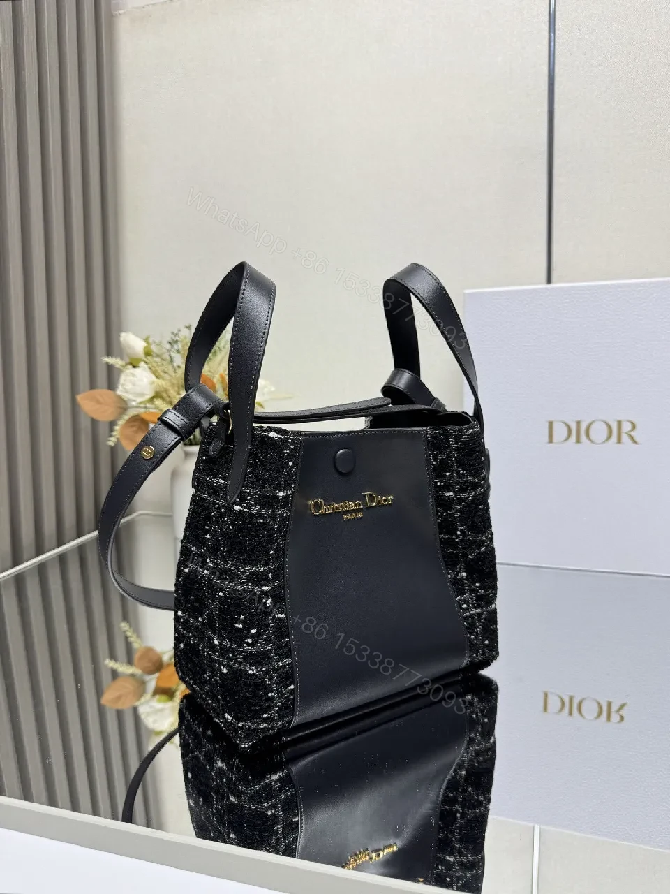 View 6 of Compact Black Leather Tote with Textured Panel, Adjustable Strap