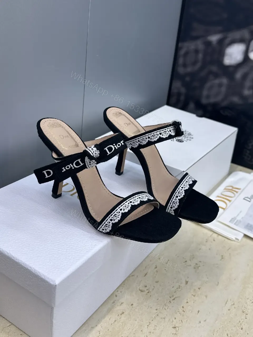 View 6 of Black Patent Lace-Trim Sandals with Dior Band, Open-Toe Heels