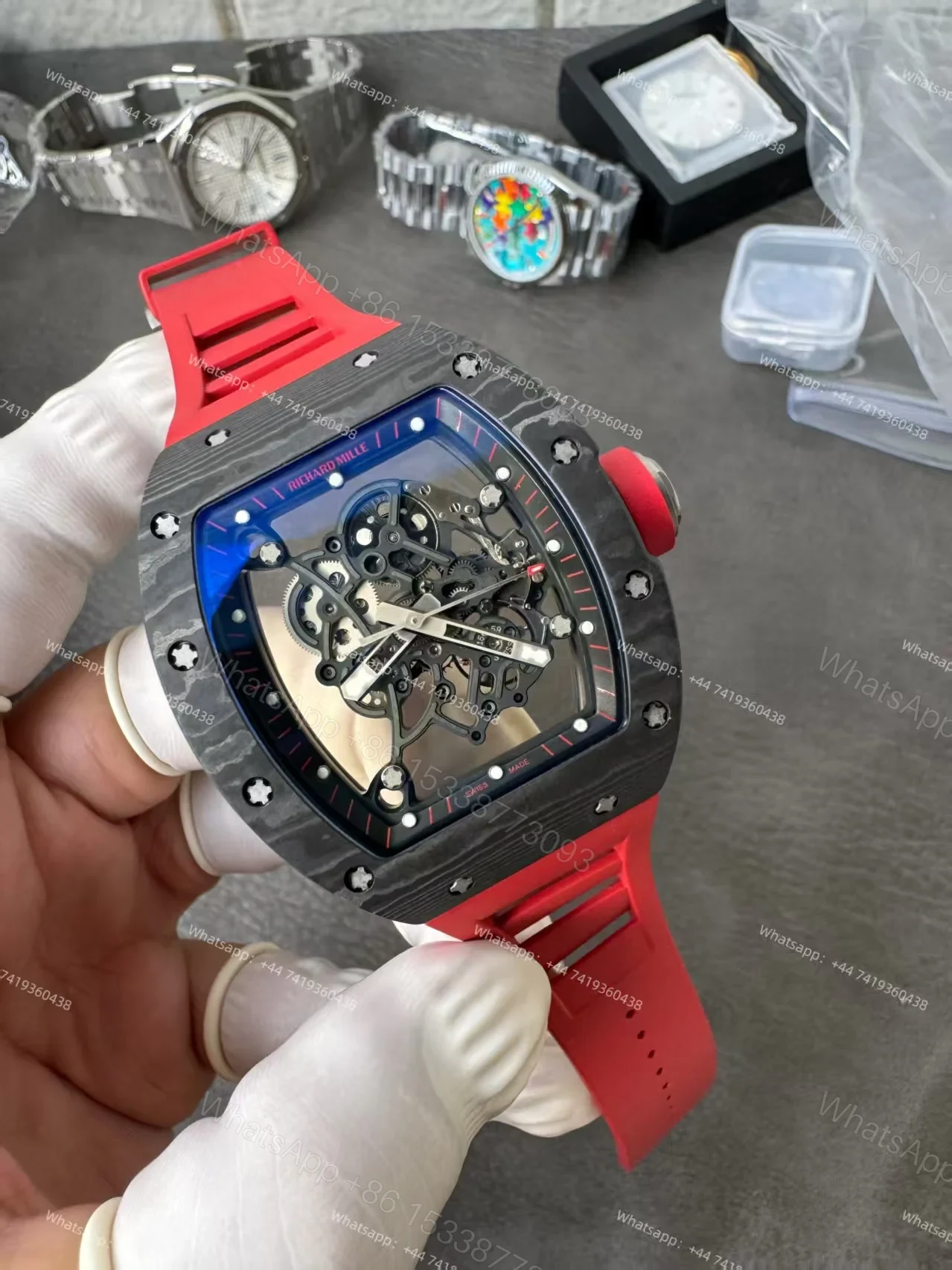 View 3 of Richard Mille RM 055 Carbon TPT Skeleton Vaucher Free-Sprung Movement Red Rubber Strap Custom Super Clone