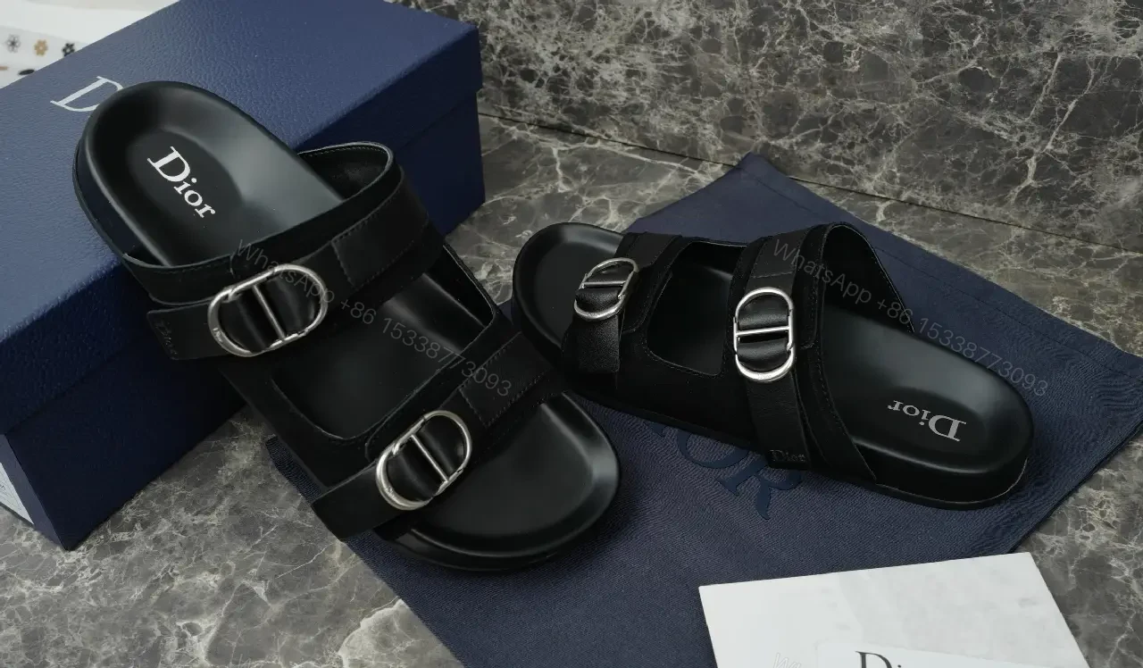 View 5 of Black Leather Double-Buckle Sandals, Dior Style, Slide Sandal