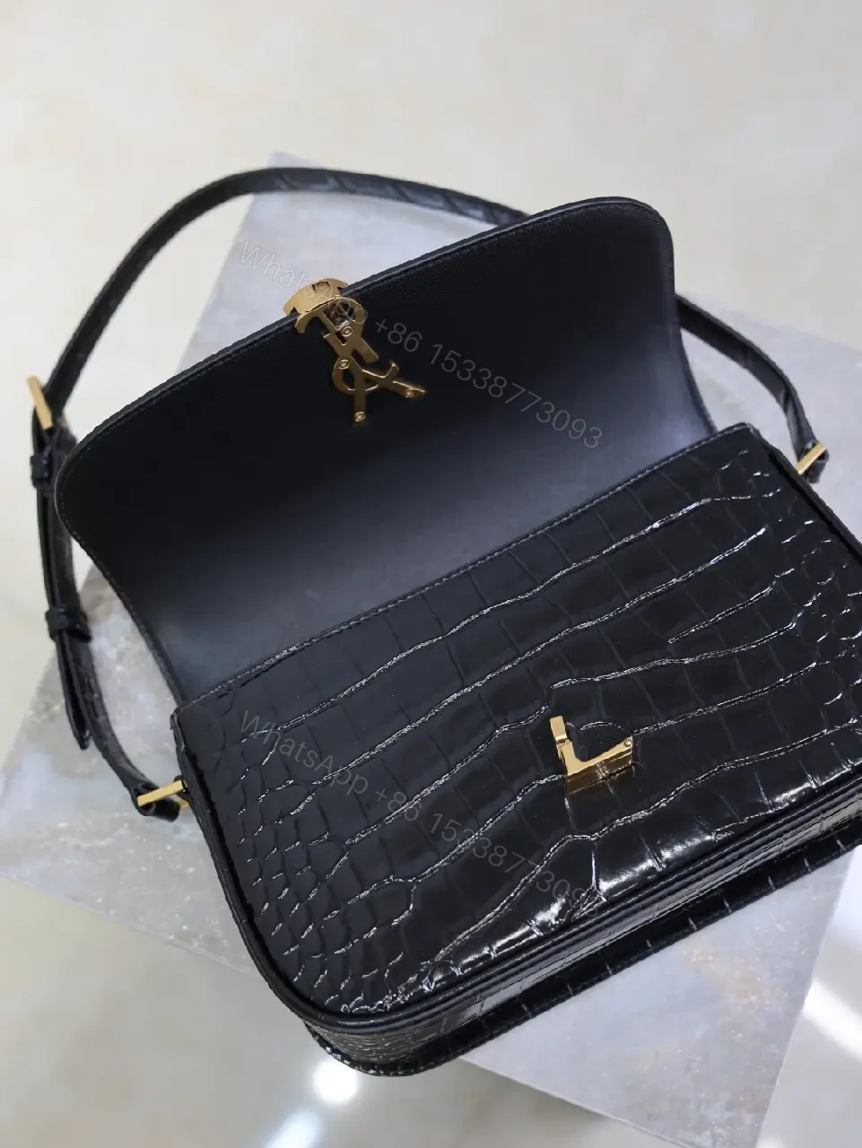 View 3 of Crocodile-Texture Leather Shoulder Bag with Gold Hardware