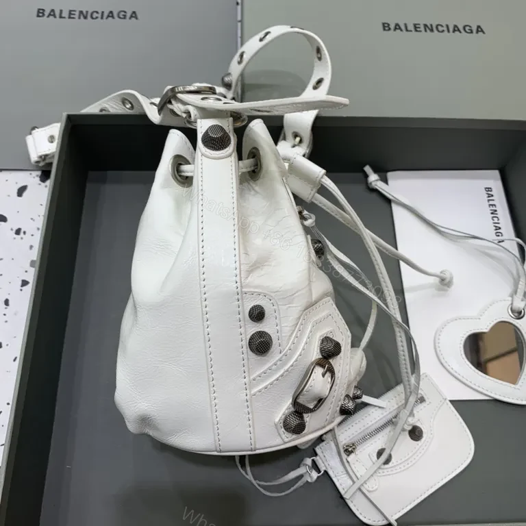 View 4 of White Textured Bucket Bag: Calfskin, Balenciaga-Inspired Luxury Bag