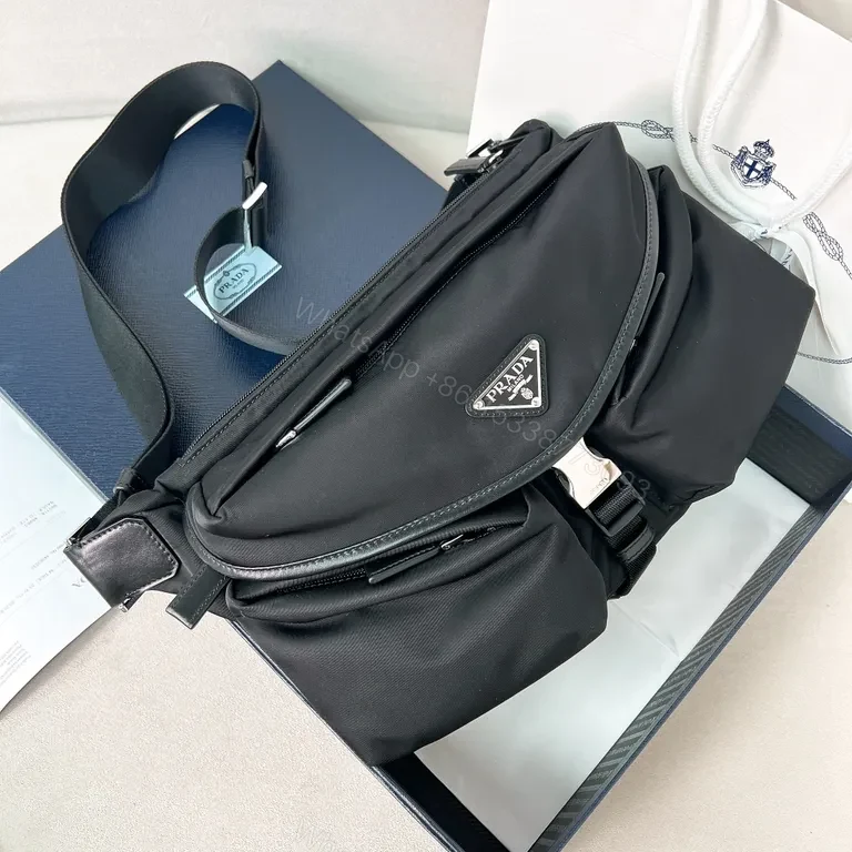 Compact Luxury Crossbody: Pristine Black Nylon with Prada Accents — view 1