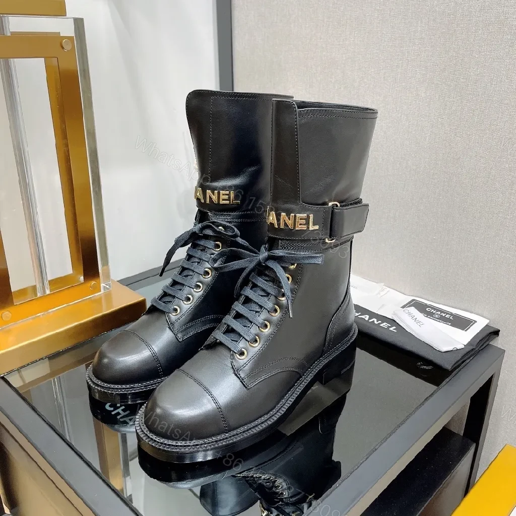 View 4 of Black Leather Combat Boots with Gold Hardware, Lug Sole, Cushioned Comfort
