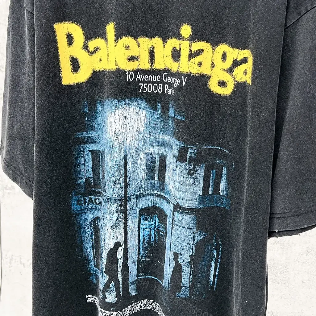View 10 of Dark Charcoal/Black Oversized Graphic Tee with Yellow Balenciaga Logo