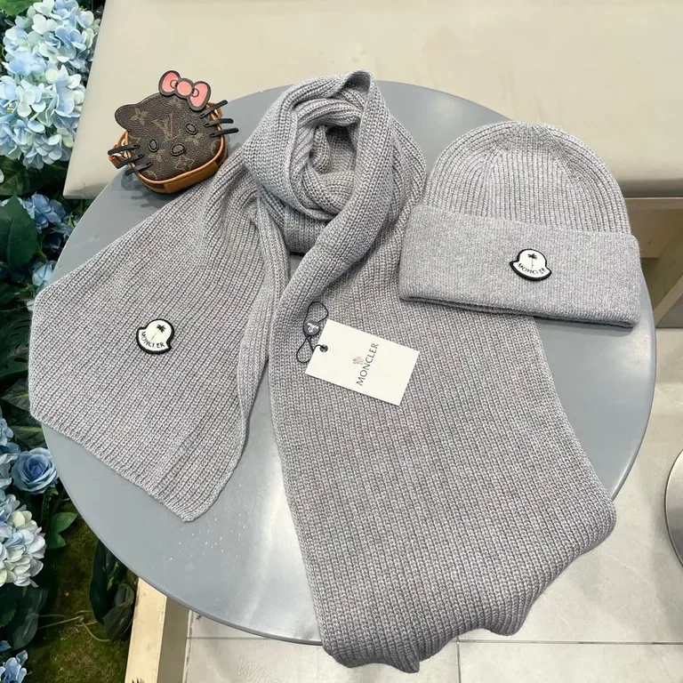 View 7 of Cozy Knit Beanie & Scarf Set â€” Moncler Luxe, Gray, Premium Knit