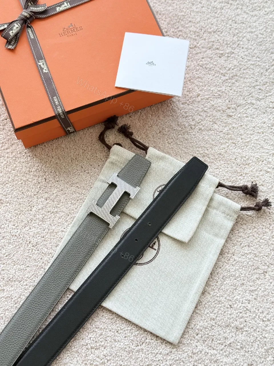View 5 of Taupe Pebbled Leather Belt with H Buckle - Luxe Everyday Style