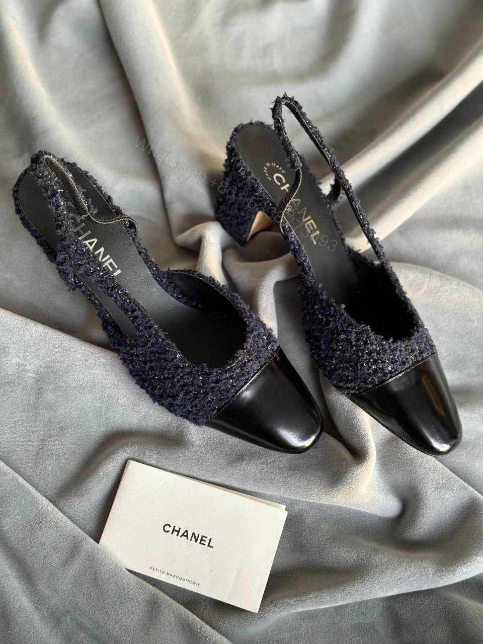 View 2 of Chanel Black Tweed and Leather Cap Toe CC Slingback Pumps
