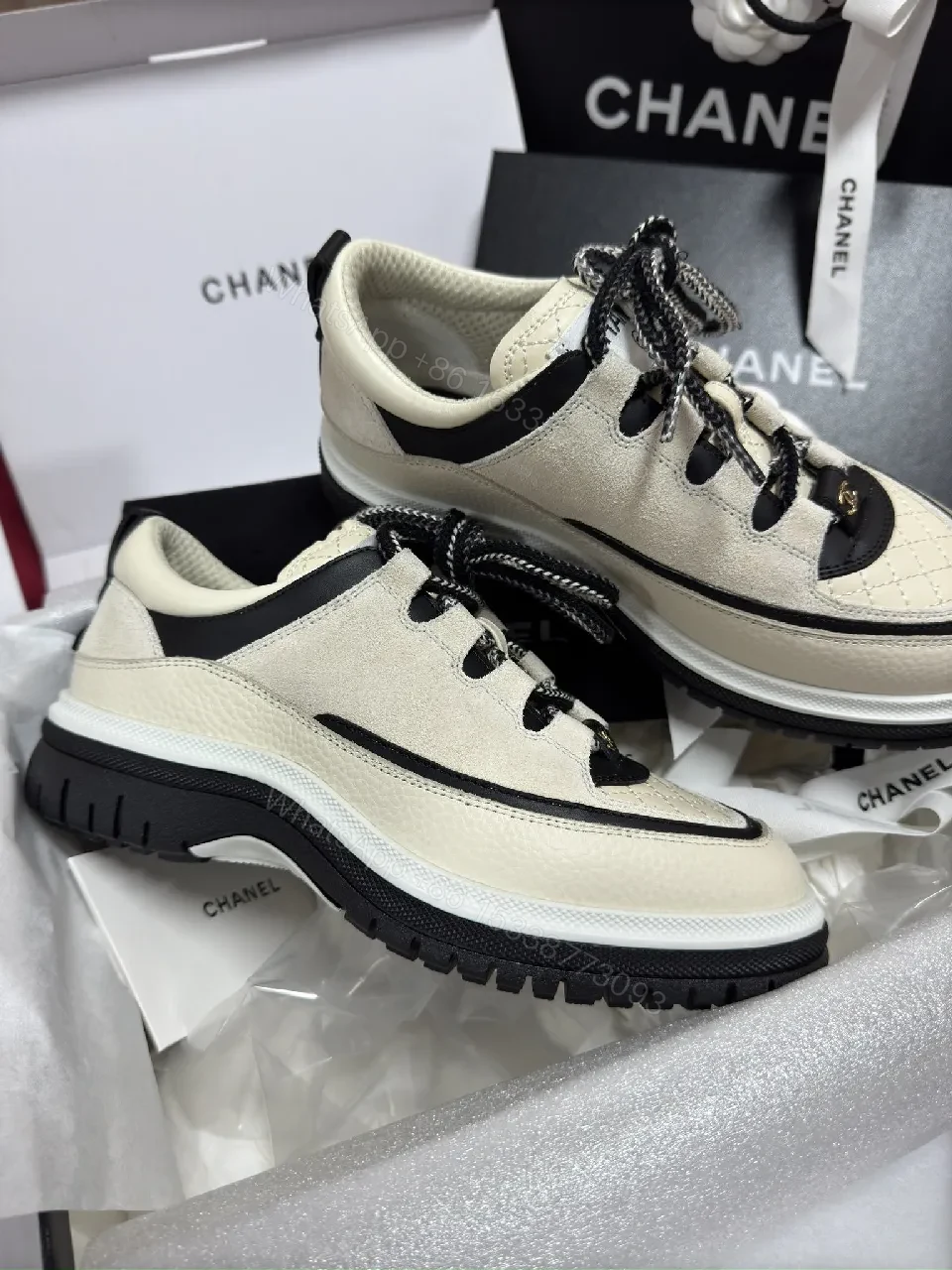 View 4 of Beige Leather-Trim High-Top Trainers: Luxury Comfort