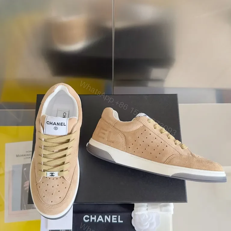 View 3 of Nude Suede Chanel-Inspired Casual Sneakers with Comfort-Boost