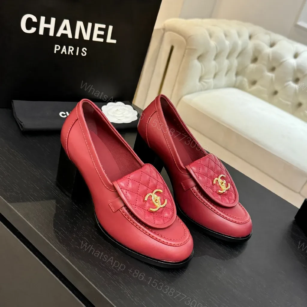Red Leather Quilted Loafers with Gold Crest, Luxe Everyday Elevation — view 1