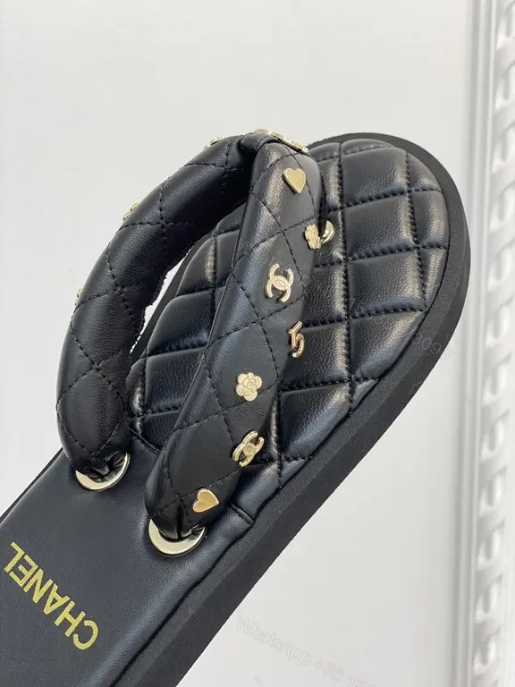 View 2 of Quilted Leather Chanel-Style Slides with Gold Logo Accents