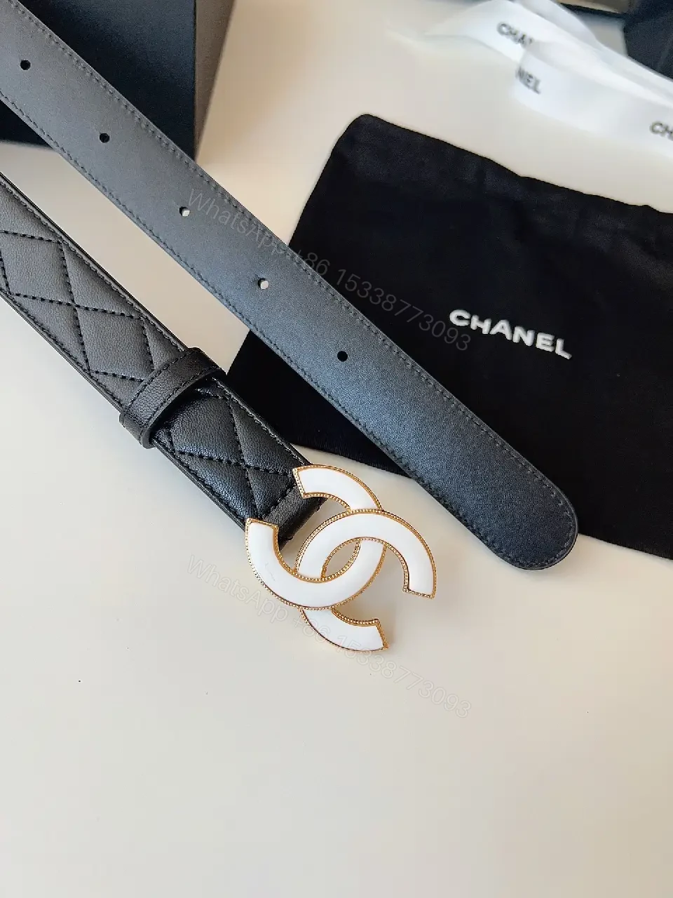 View 4 of Chic Quilted Leather Belt with Gold-C Buckle (60)