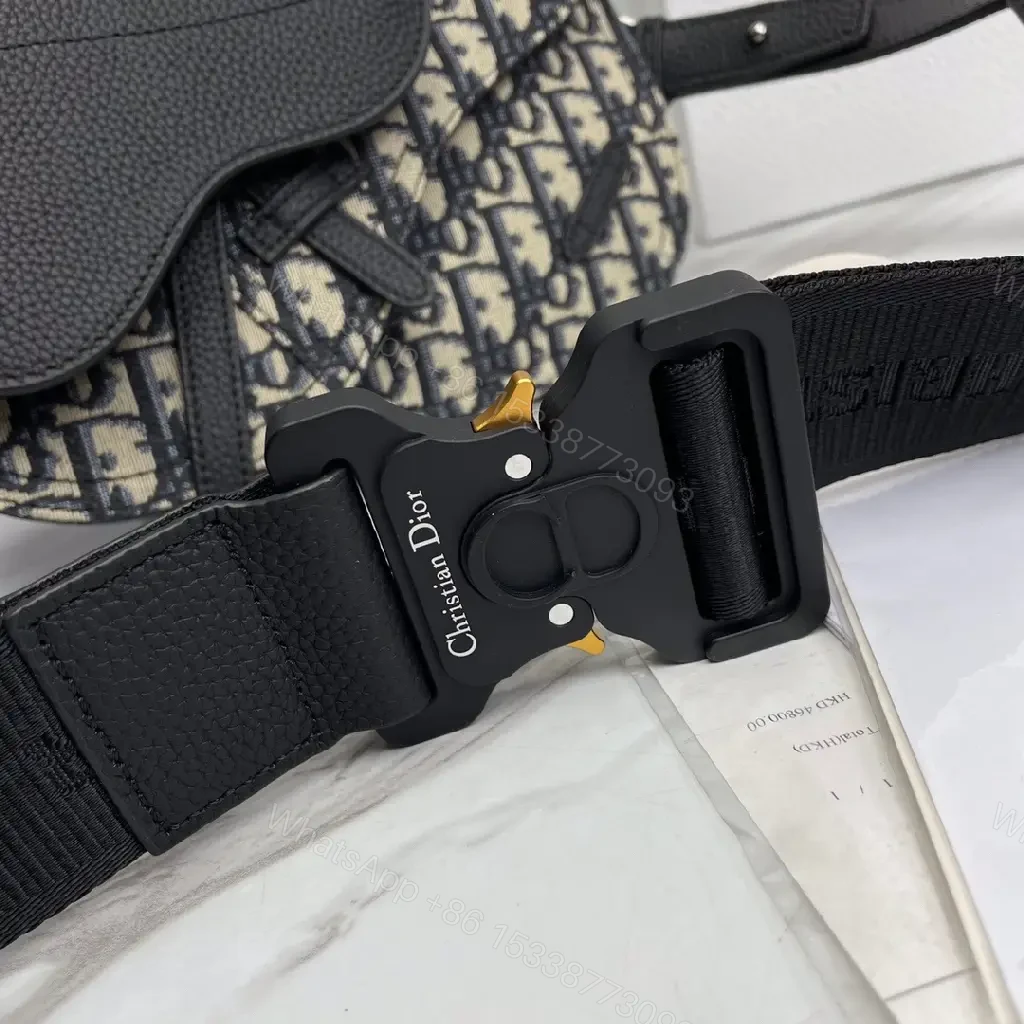View 5 of Compact Black Leather Dior-Inspired Monogram Messenger Bag
