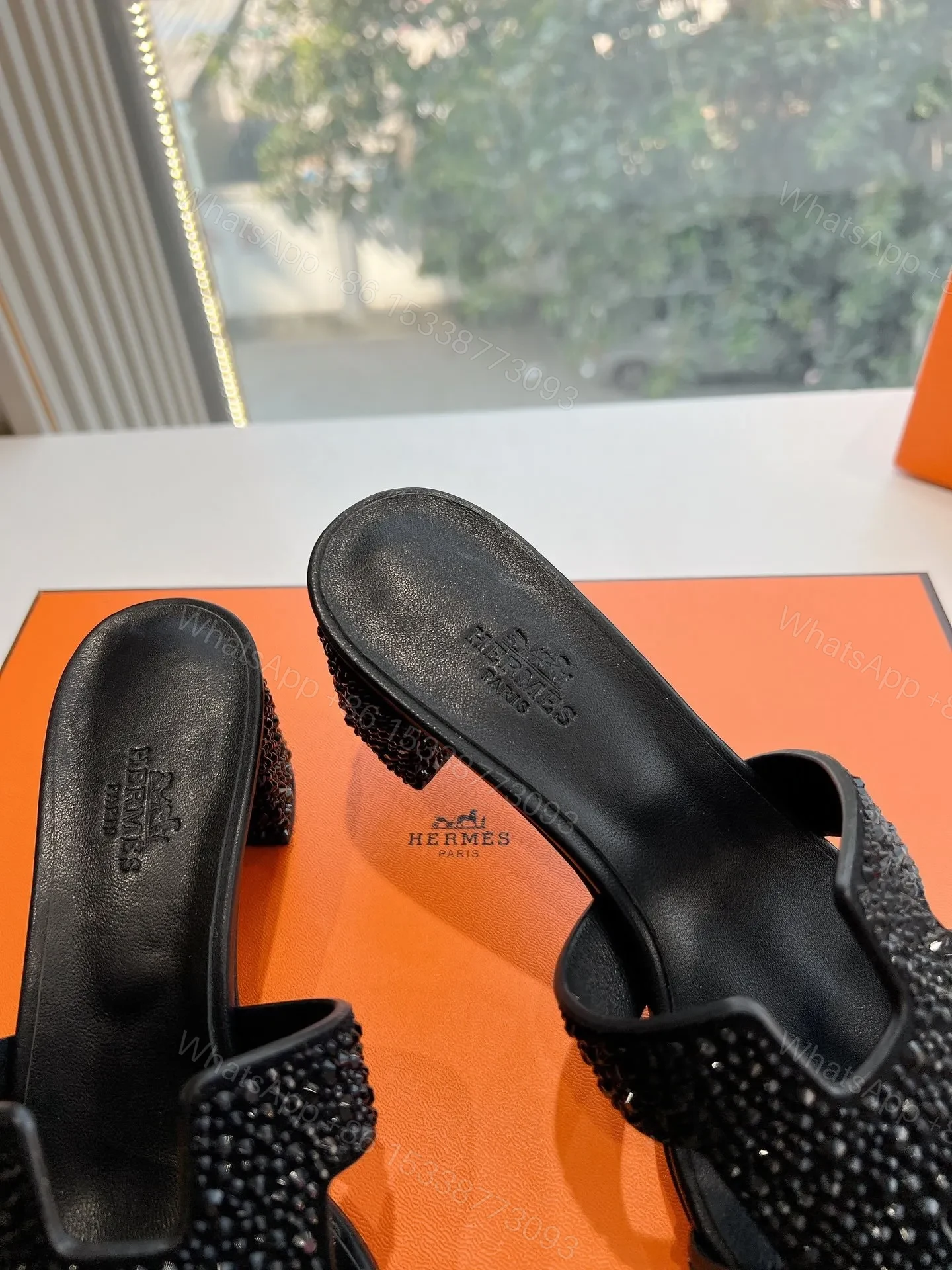 View 2 of Hermes Women Black Embellished Leather Mules