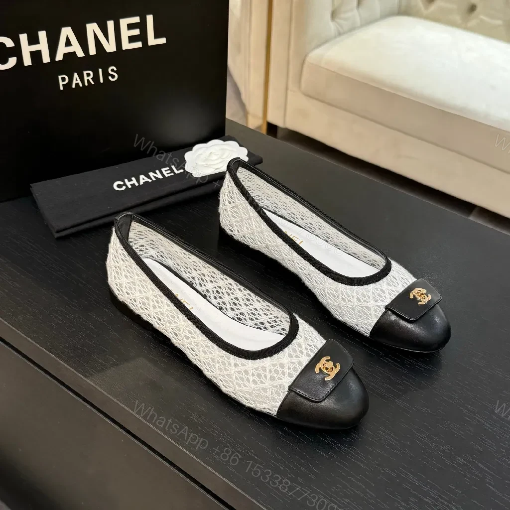 Ivory Lace-Trim Black Leather Cap-Toe Ballet Flats with Gold Hardware — view 1