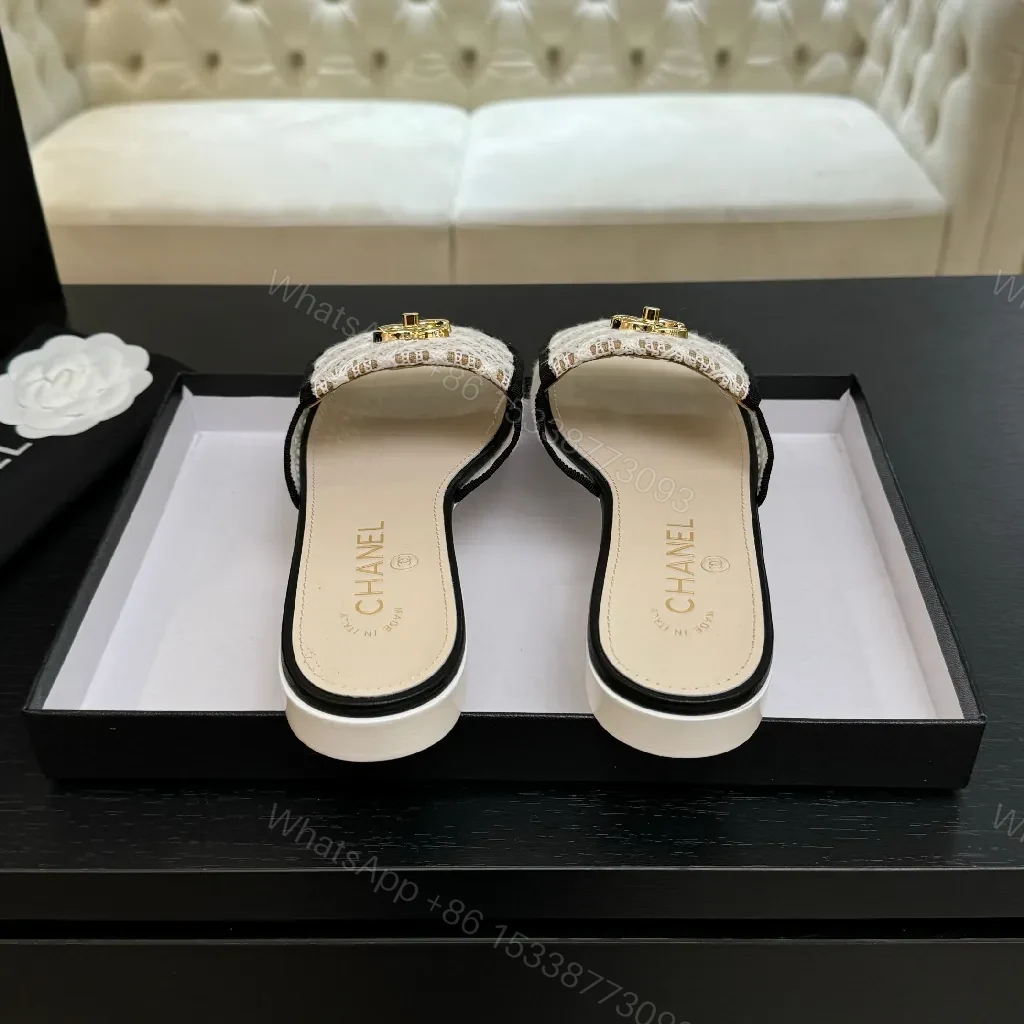 View 4 of Lace-Textured Slide Sandals with Gold Emblem, Open-Toe, Luxury Style