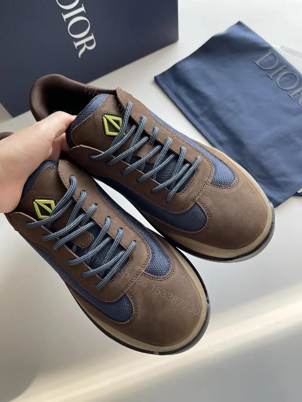View 6 of Brown Suede & Navy Mesh High-Tops: Modern Contrast Sneakers