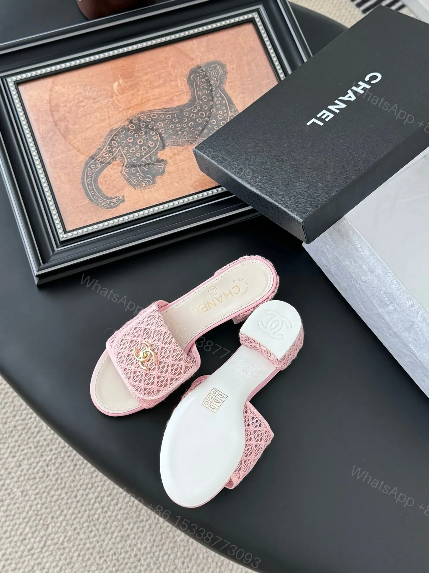 View 5 of Chanel Women Pink Woven Leather Slides