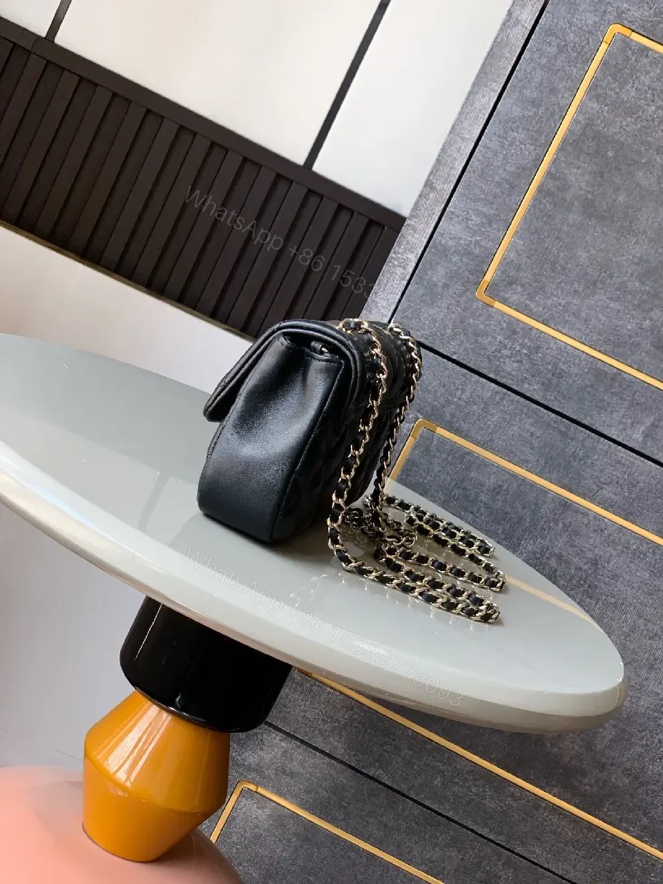View 6 of Quilted Calfskin Leather Shoulder Bag with Gold Chain