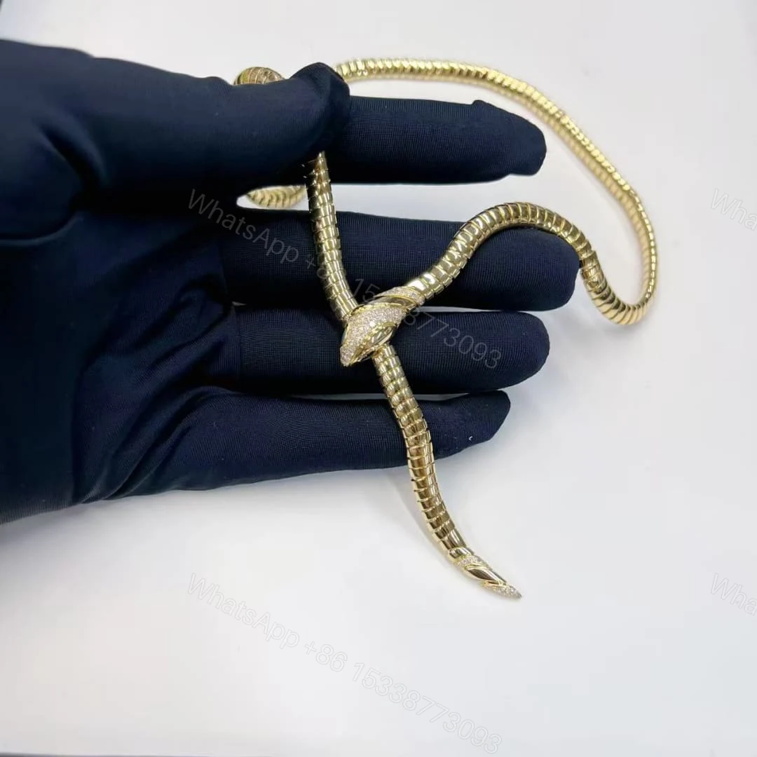 View 2 of 18kt Yellow Gold Bvlgari Tubogas Necklace with Head and Tail Diamonds Onyx 360632
