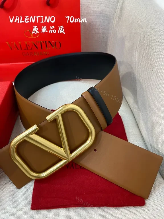 View 4 of Bold Gold Buckle Tan Leather Belt: Valentino Garavani 70mm