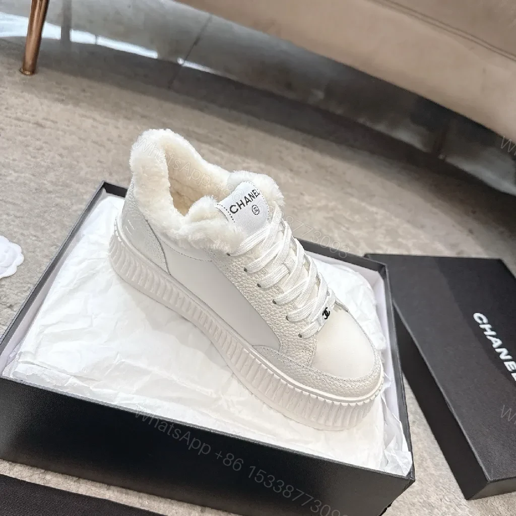 View 4 of White Leather Platform Sneakers with Plush Shearling