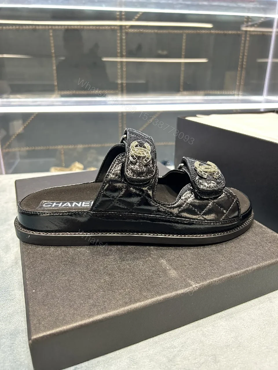 View 8 of Black Crystal-Accent Sandals with Comfort Footbed, Patent Straps, Versatile Style
