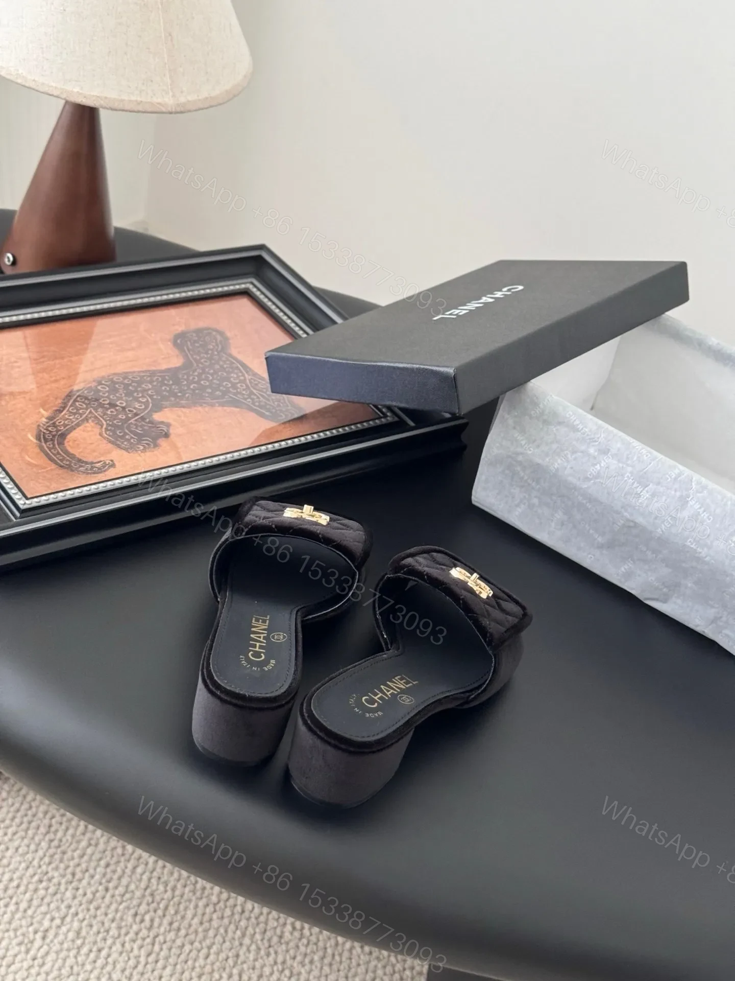 View 3 of Chanel Women Black Quilted Velvet Slides