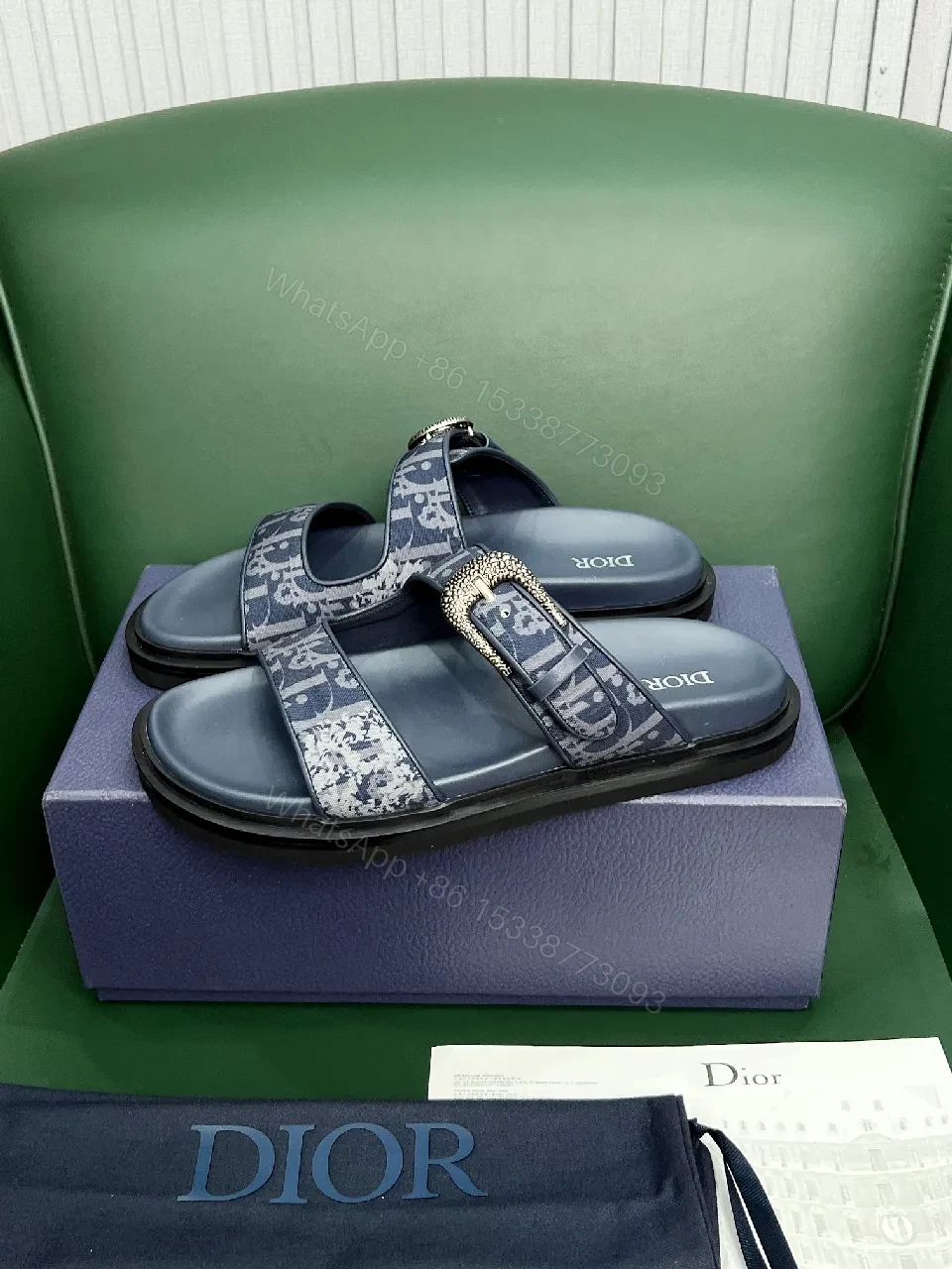 Denim-Textured Buckle Sandals: Couture-Comfort Slides — view 1