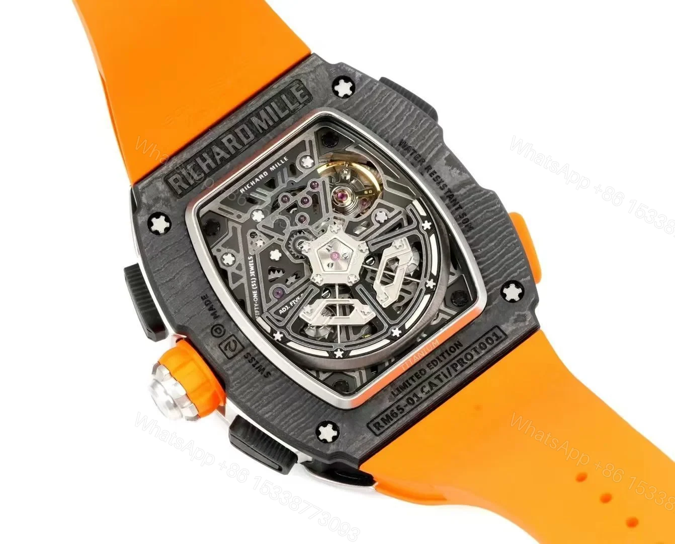 View 8 of Richard Mille RM65-01 McLaren W1 Automatic Chronograph Watch Orange Strap Carbon TPT Titanium Skeleton Dial RMAC4 Movement Premium Edition RM65-01-MCL-W1-ORG
